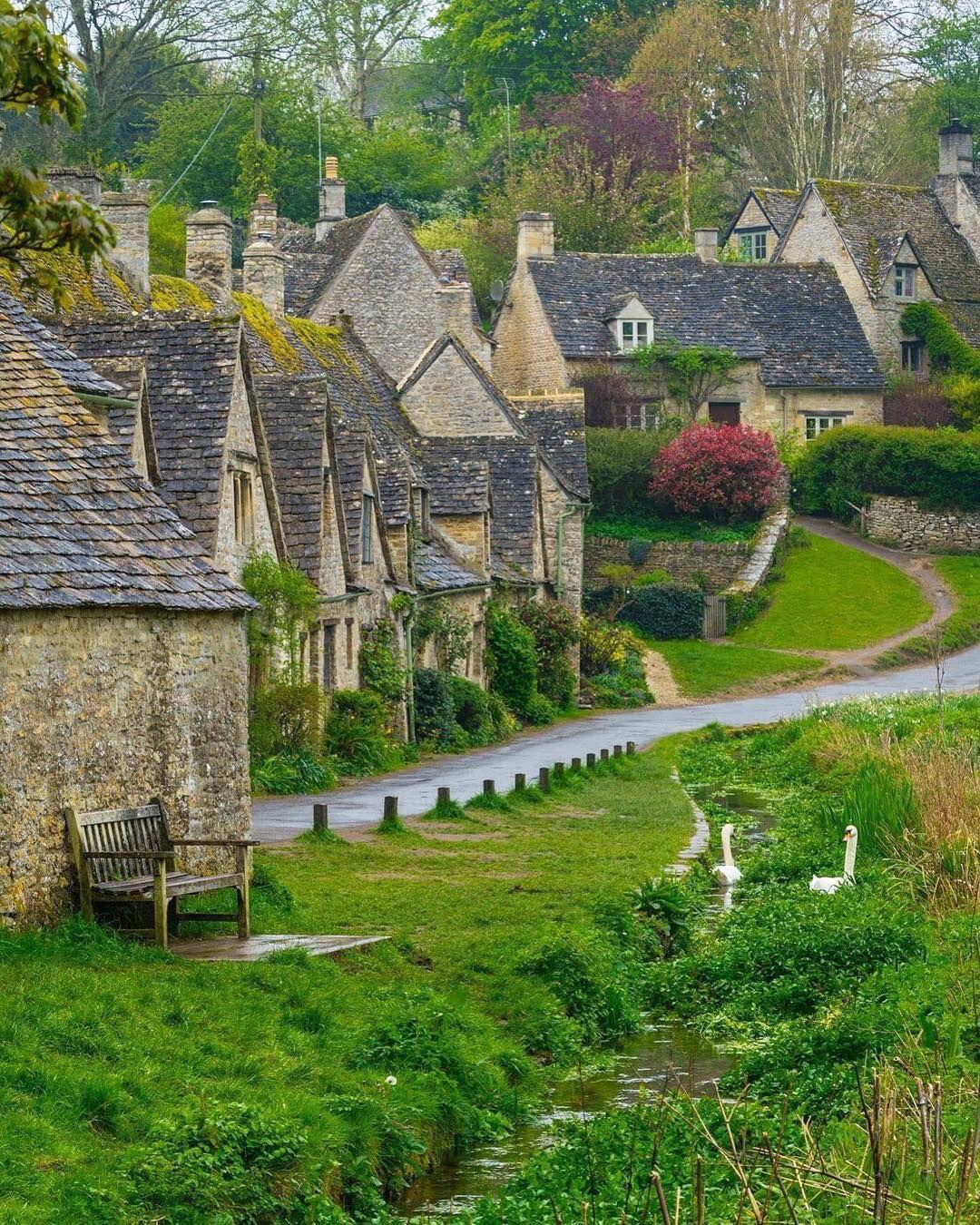 A row of quaint stone cottages with steep roofs lines a winding path in a lush, green village. A wooden bench sits by a stream, where two white swans swim, surrounded by grass and blooming shrubs.