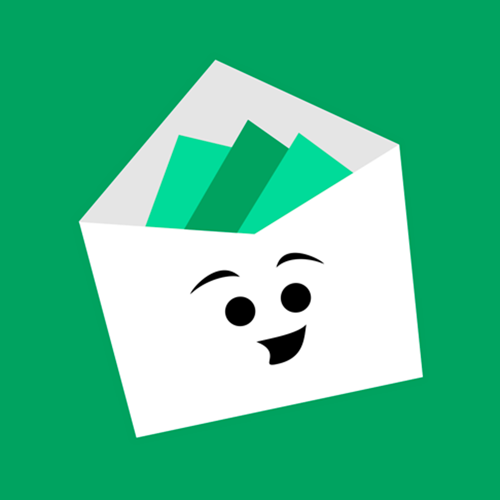 An open white envelope with green bills inside, featuring a smiling face with cartoon eyes and mouth, on a green background.