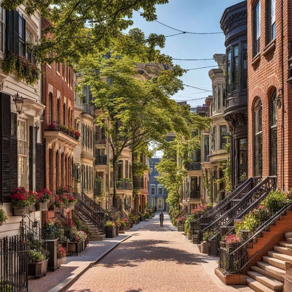 A quiet, sunlit street lined with historic brick townhouses, large bay windows, and wrought-iron railings, with potted flowers and green trees shading the cobblestone path. A person walks in the distance.