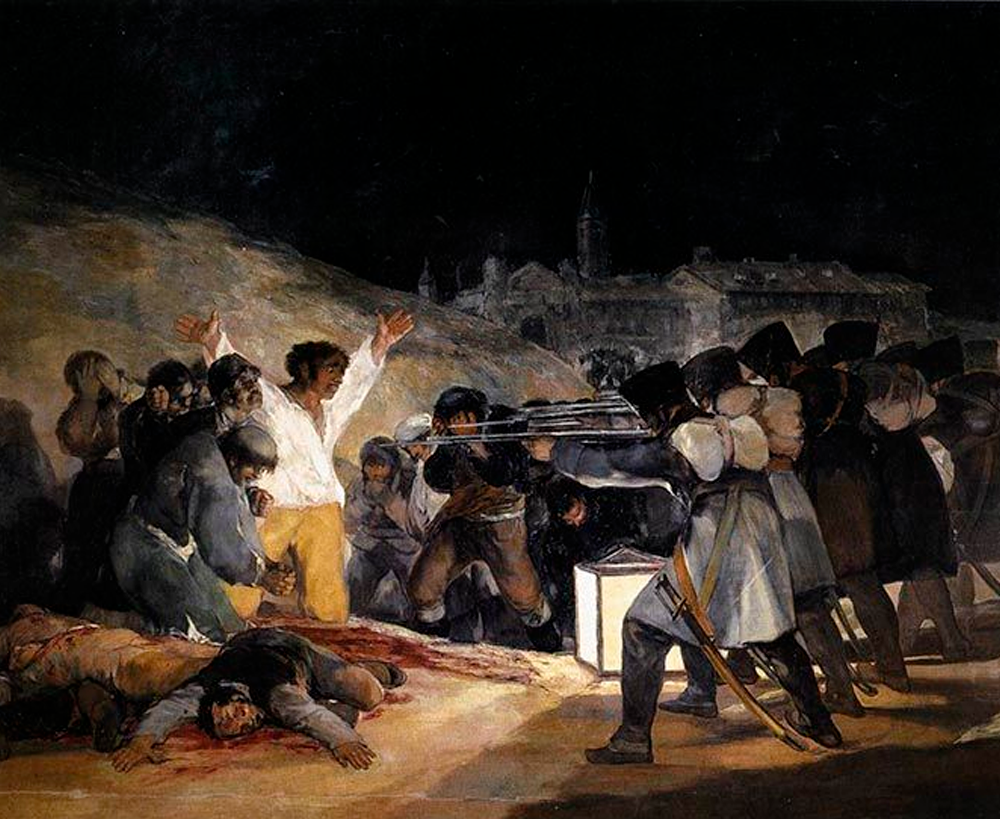A group of soldiers aim rifles at kneeling, terrified civilians at night. One man in a white shirt raises his arms in surrender. Dead bodies lie on the ground, and a cityscape is visible in the background.