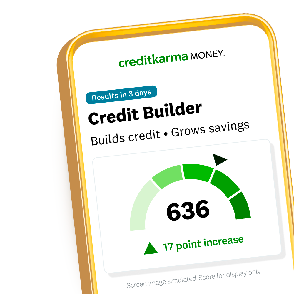 A smartphone screen displays Credit Karma Money’s Credit Builder feature showing a credit score of 636 with a green gauge and a 17-point increase notification. Text reads, “Results in 3 days: Builds credit • Grows savings.”