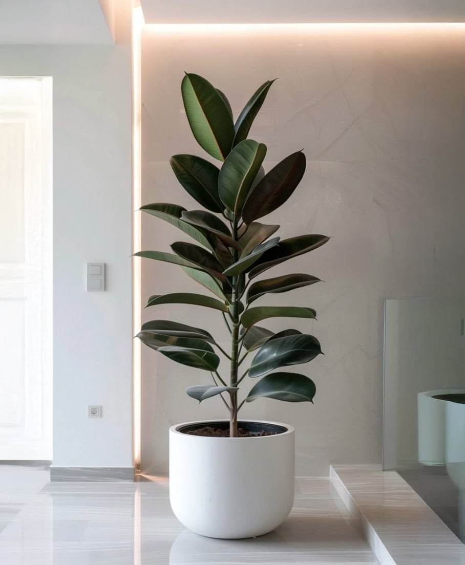 A tall rubber plant with dark green, glossy leaves sits in a white pot on a shiny floor in a modern, minimalistic, well-lit room with light-colored walls and ambient lighting.