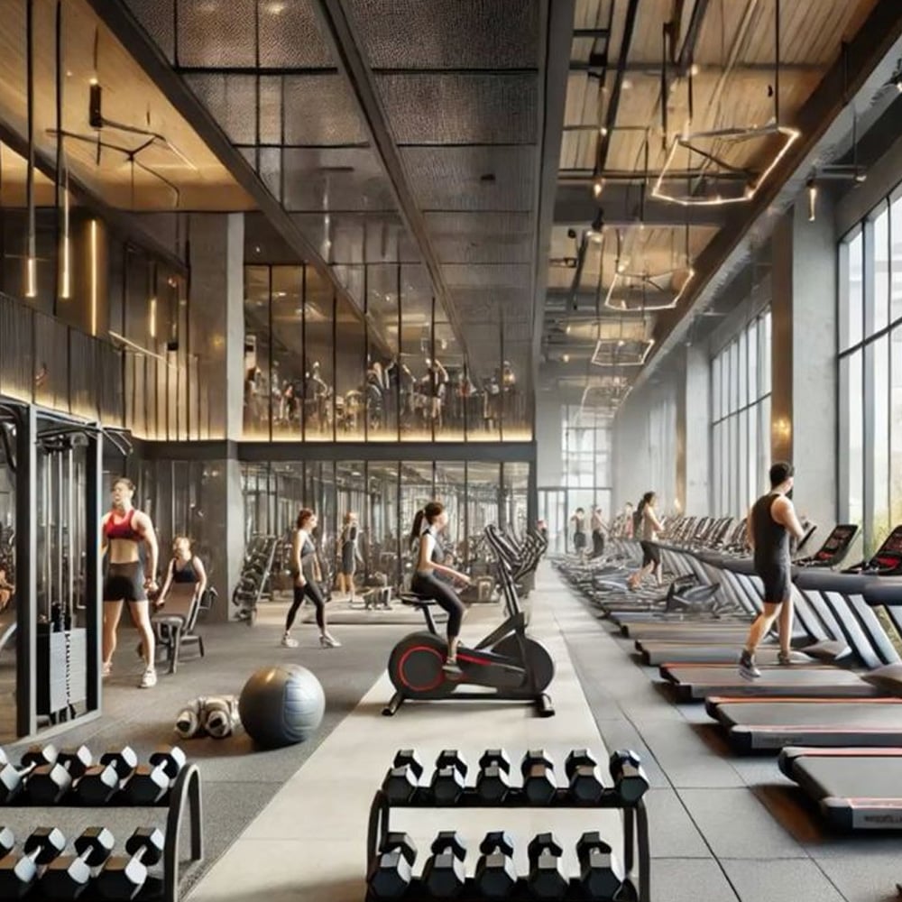 Modern gym with large windows, filled with people using treadmills, exercise bikes, and strength-training equipment. Dumbbells, benches, and fitness balls are visible. The space is bright with high ceilings and mirrors.