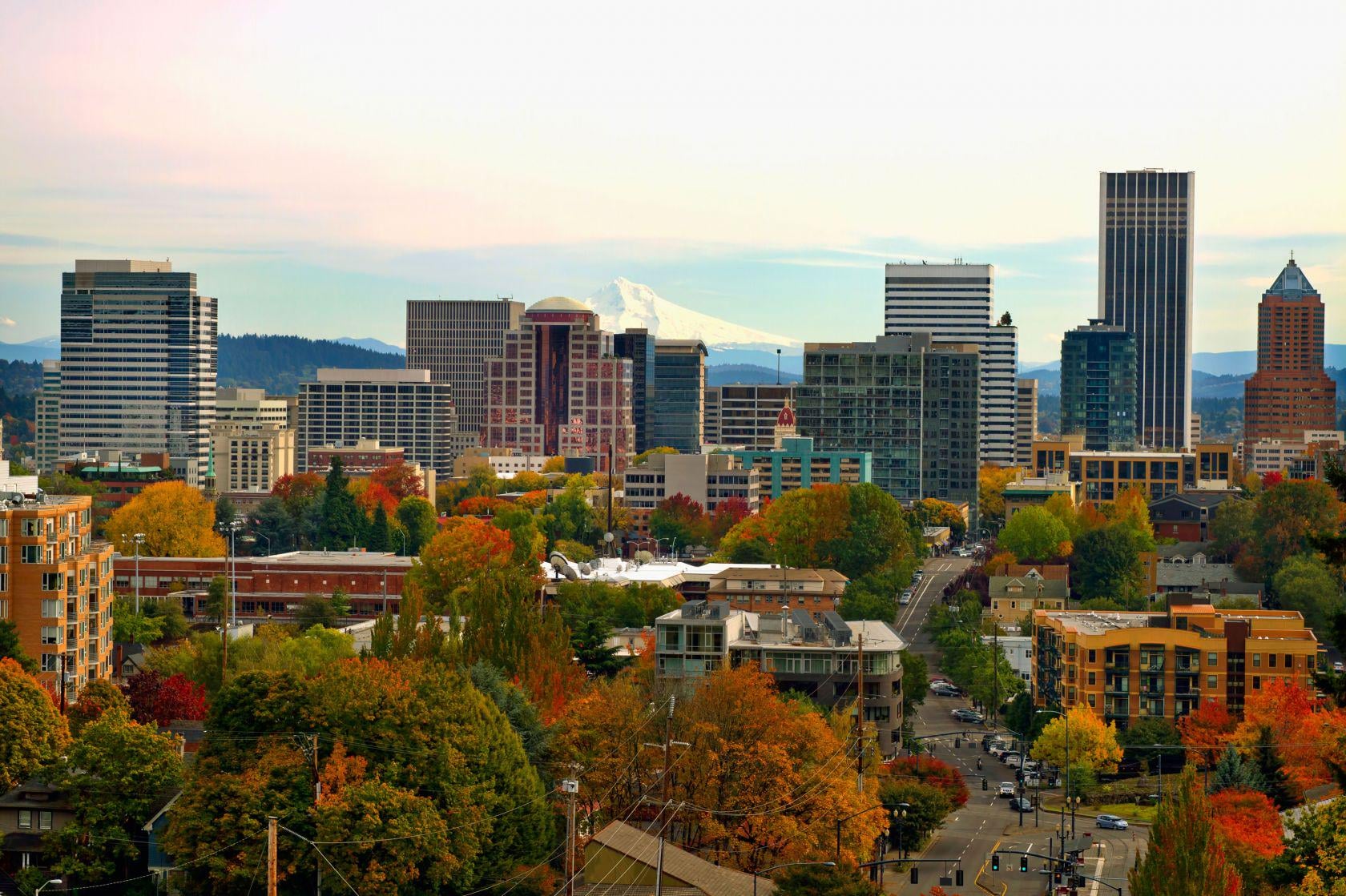 A city skyline with modern buildings and colorful autumn trees in the foreground, with a snow-capped mountain visible in the distance under a partly cloudy sky.
