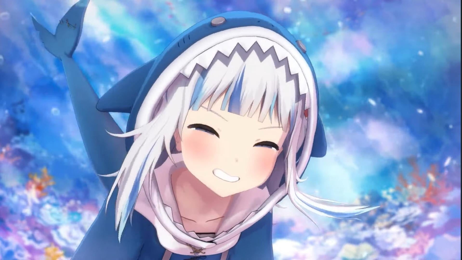 Anime-style girl with white hair, blue eyes, and a blue shark hoodie smiles brightly against a colorful, underwater-themed background with coral and vibrant hues.