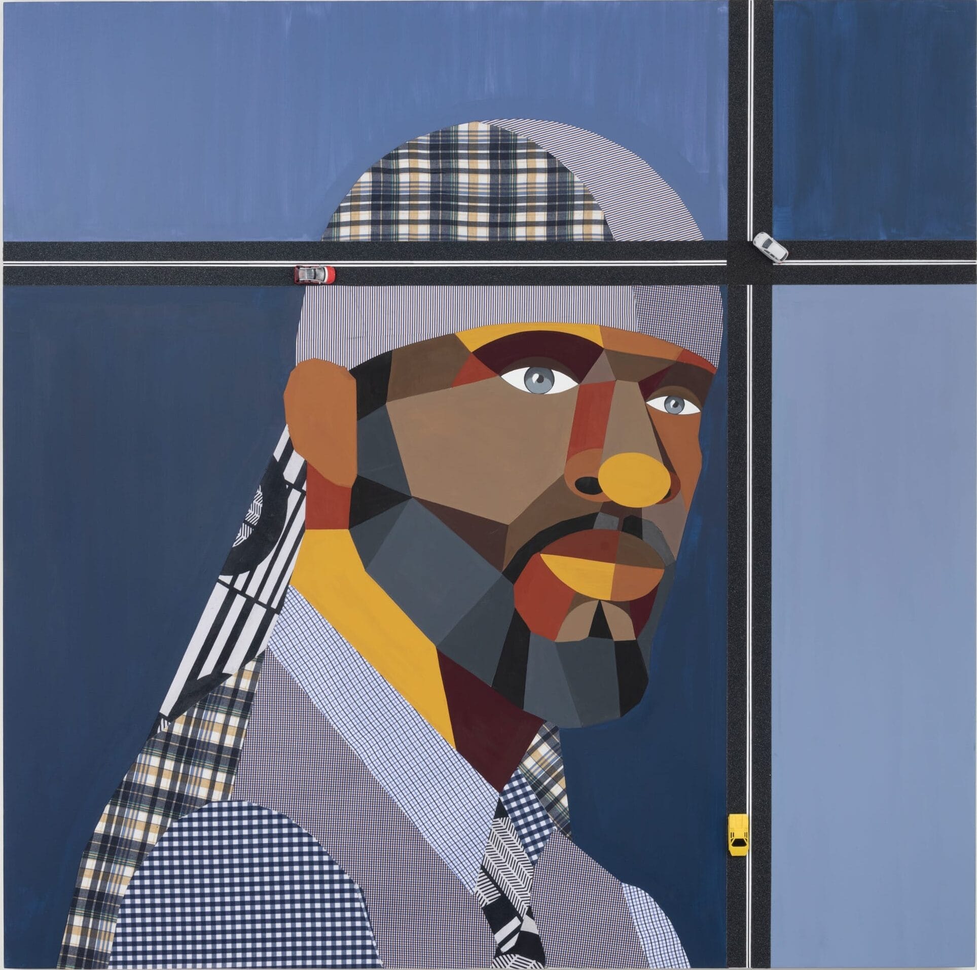 A geometric, colorful portrait of a man with a beard and durag, set against a blue background intersected by roads with small cars, combining patterns and shapes in his clothing and headwear.