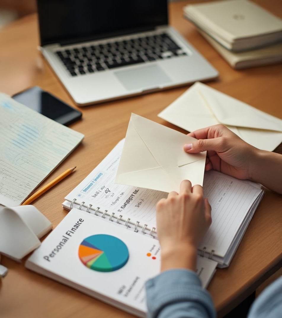 A person holding an envelope at a desk with a laptop, financial documents, a notebook labeled “Personal Finance,” and a pie chart. The scene suggests budgeting or organizing finances.