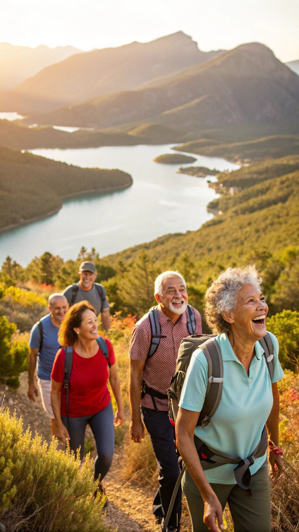 A group of smiling older adults hike uphill on a trail overlooking a lake and mountains, surrounded by greenery and bathed in warm sunlight.