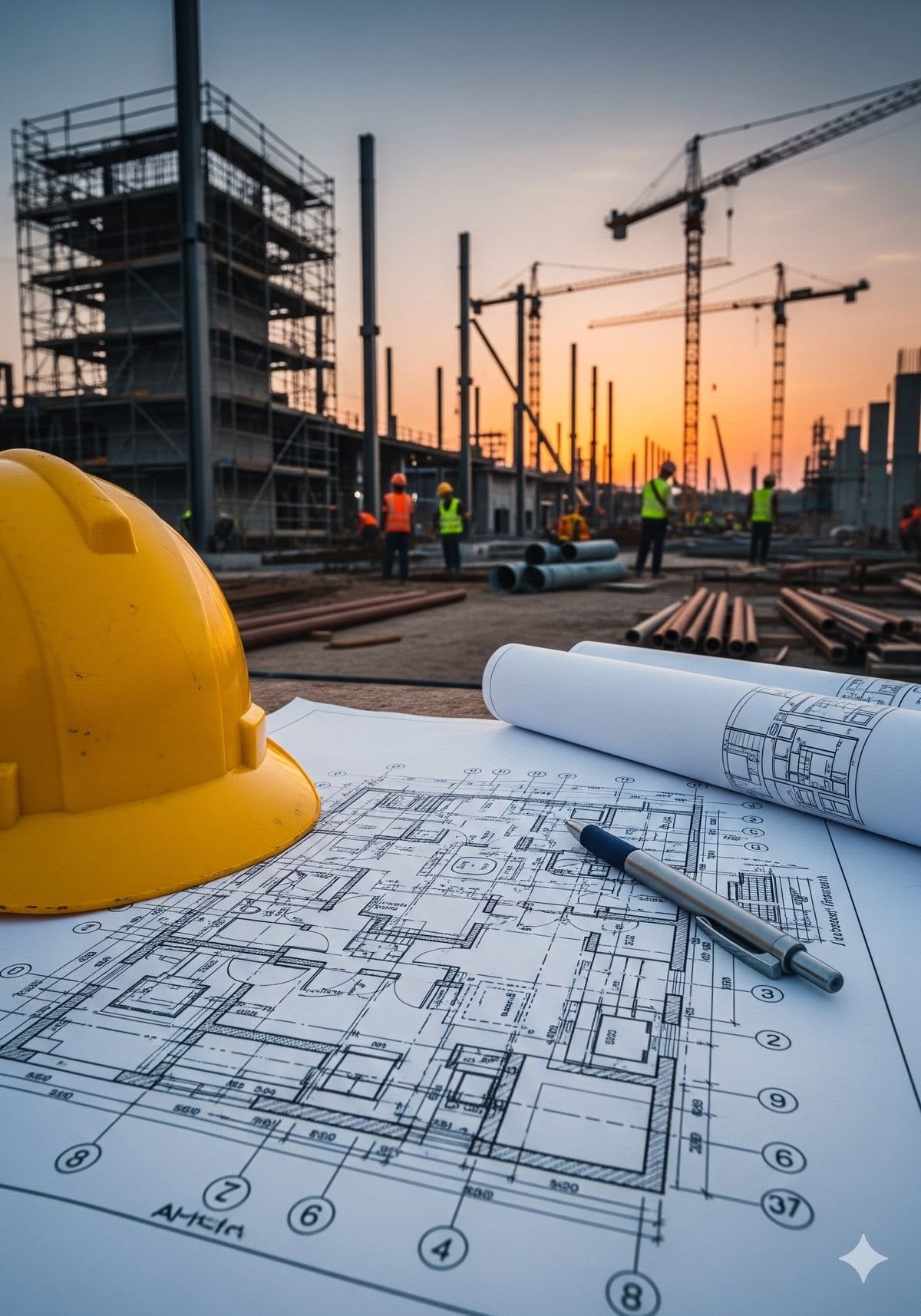 A yellow hard hat, blueprints, and a pen rest on a table at a construction site with cranes, scaffolding, workers, and steel frames visible in the background during sunset.