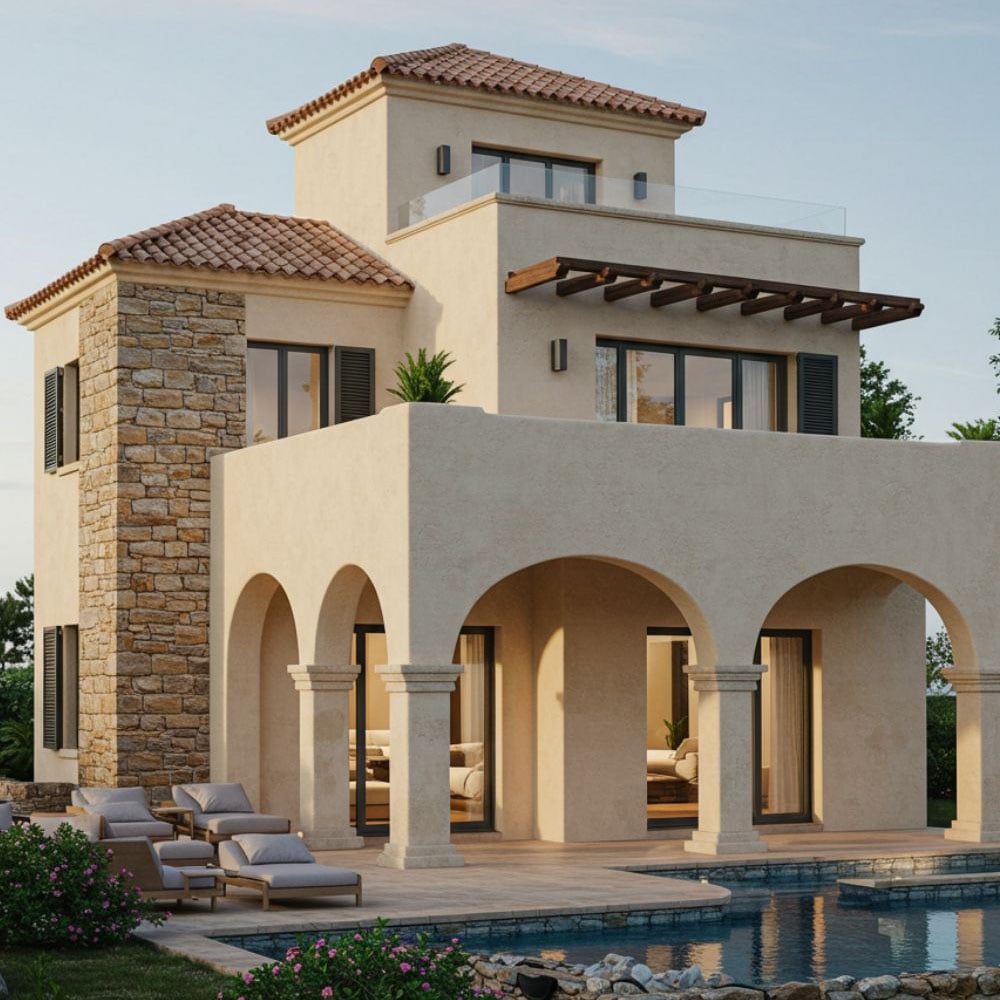 Mediterranean-style villa with arched patios, stone accents, terracotta roof tiles, large windows, lounge chairs by a clear swimming pool, and potted plants, set in a landscaped outdoor area at sunset.