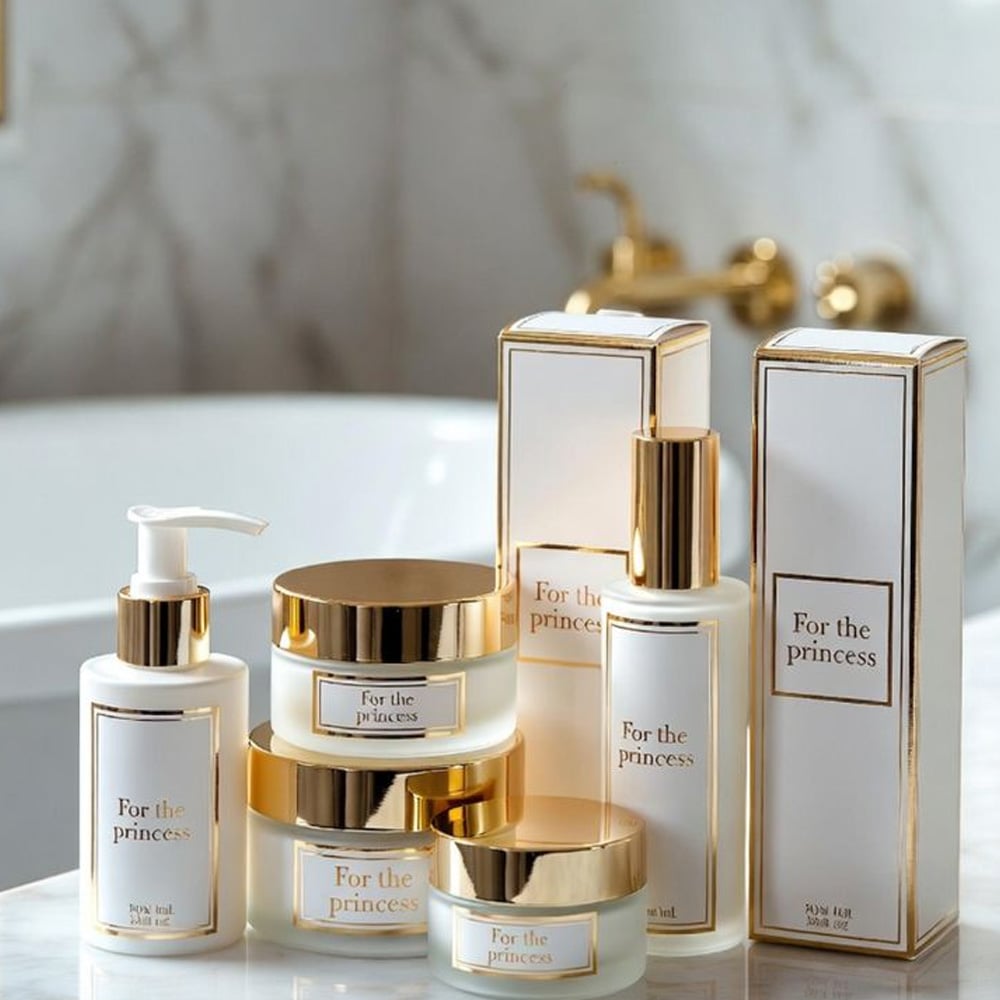 A set of luxury skincare products labeled "For the princess," featuring white bottles and jars with gold lids and accents, arranged on a bathroom counter near a bathtub and gold faucet.