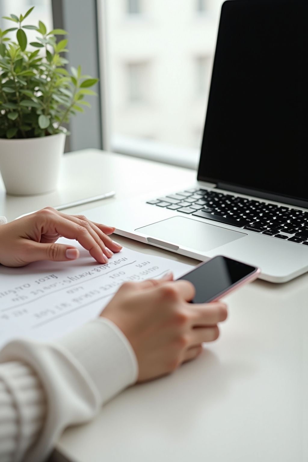 A person holding a smartphone and a printed document sits at a desk with an open laptop and a potted plant near a window.