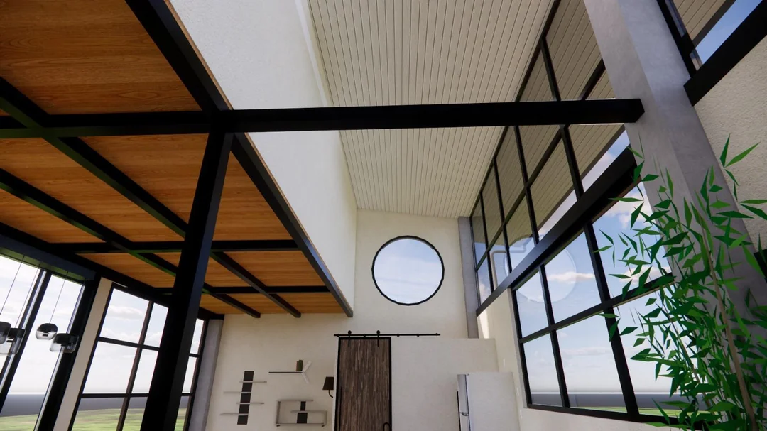 Interior view of a modern room with large floor-to-ceiling windows, a circular window, a sliding barn door, wooden ceiling panels, metal beams, floating shelves, and a tall green plant.