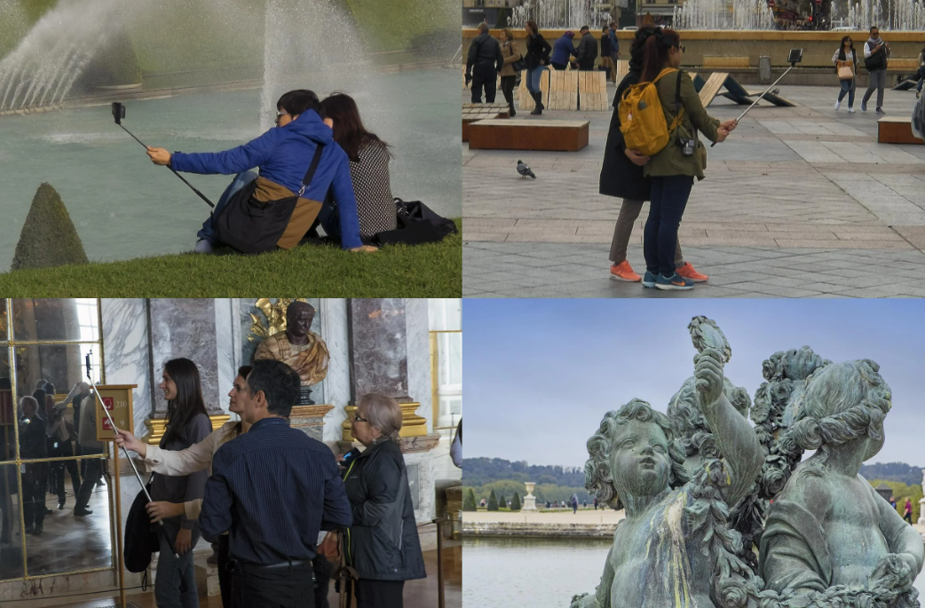 A collage of four scenes shows people and statues taking selfies: a couple by fountains, two women in a square, three people in a museum, and statues of cherubs appearing to take a selfie.