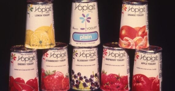 Eight containers of Yoplait yogurt are stacked, showing various flavors: lemon, plain, orange, cherry, strawberry, blueberry, raspberry, and apple. Each container has vivid images of the corresponding fruit.