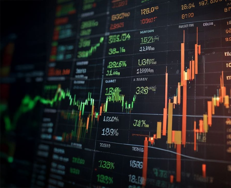 Multiple colorful candlestick and line charts with numbers and percentages are displayed on a dark digital screen, representing stock market data and financial analysis.
