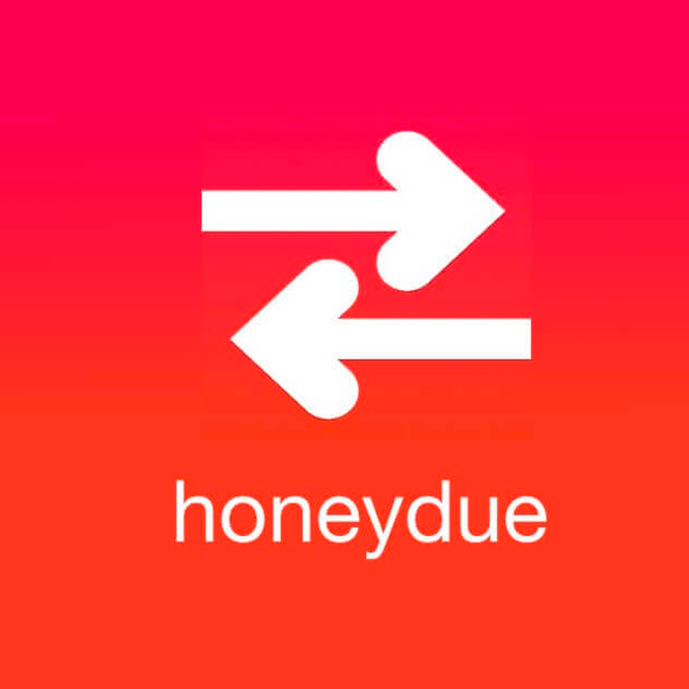 The image shows the Honeydue app logo, featuring two white arrows pointing in opposite directions above the word "honeydue" on a pink to orange gradient background.