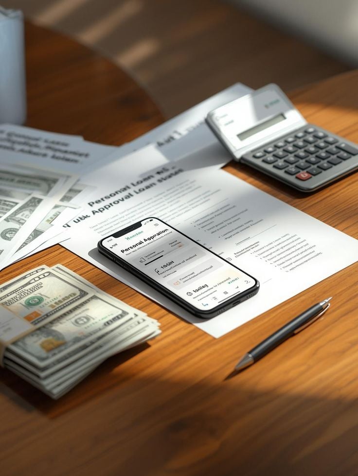 A smartphone, paperwork, calculator, pen, and stacks of $100 bills are arranged on a wooden desk, suggesting financial planning or loan approval activities. Sunlight casts shadows across the scene.