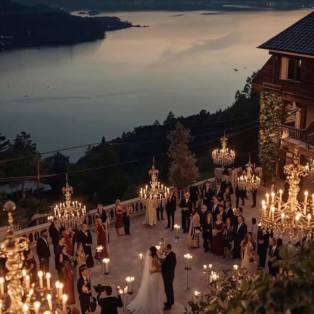 A bride and groom share their first dance on a terrace overlooking a lake at sunset, surrounded by guests and glowing chandeliers, creating a romantic, elegant wedding scene.