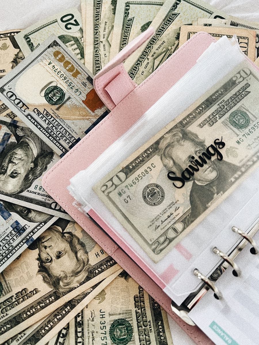 A pink binder labeled “Savings” holds a twenty-dollar bill, surrounded by various denominations of U.S. bills, including $20, $50, and $100 notes, suggesting budgeting or saving money.