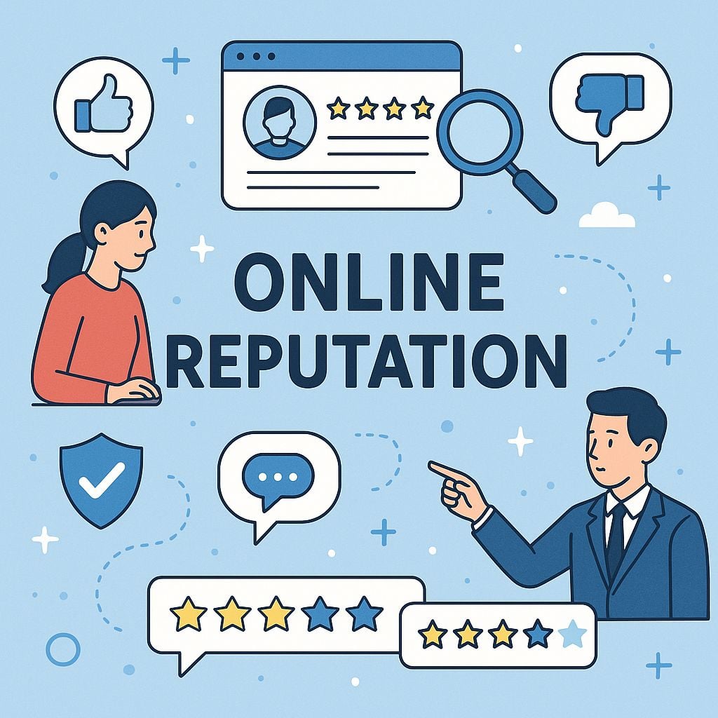 Illustration about online reputation showing a woman at a computer, a man pointing, thumbs up and down, star ratings, a shield, speech bubbles, and a profile page, with the words "ONLINE REPUTATION" in the center.