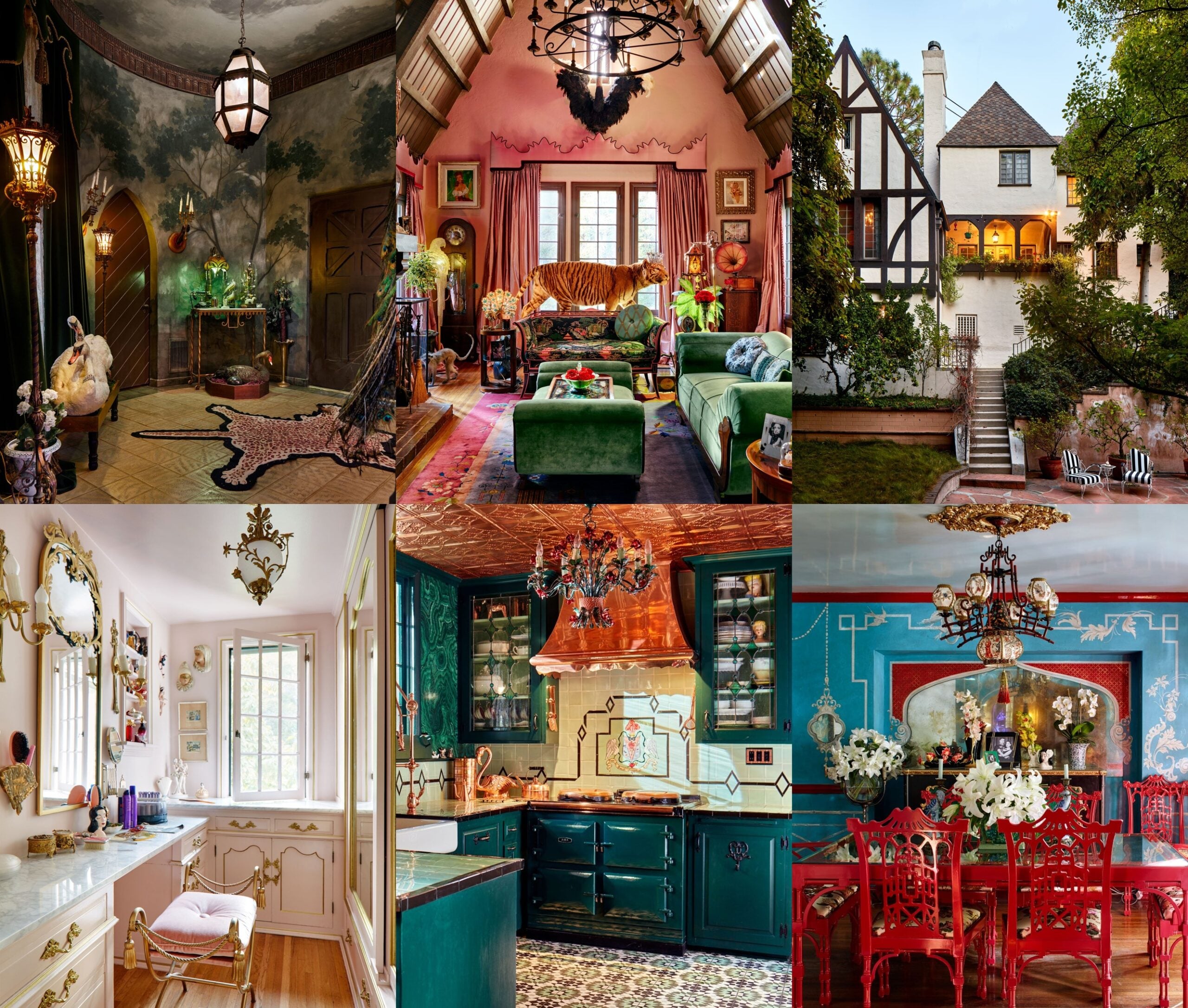 A collage of six eclectic, lavishly decorated interiors and one exterior of a house, featuring richly colored furniture, ornate lighting, detailed wallpapers, and creative, maximalist design elements throughout each room.