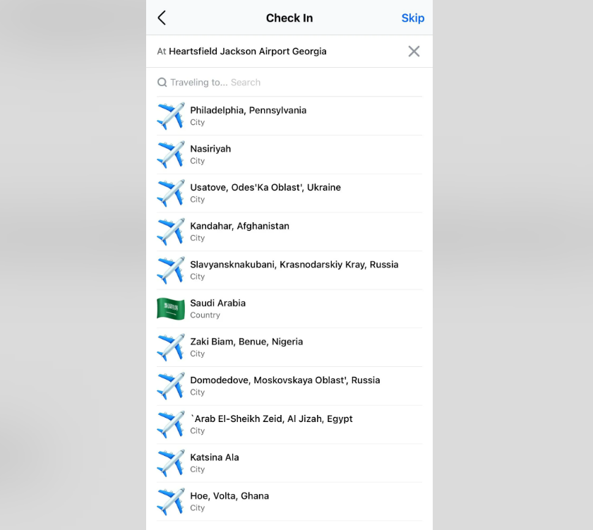 A mobile screen displays a "Check In" page at Hartsfield Jackson Airport Georgia, showing a list of travel destinations with airplane icons and city or country names, such as Philadelphia and Saudi Arabia.