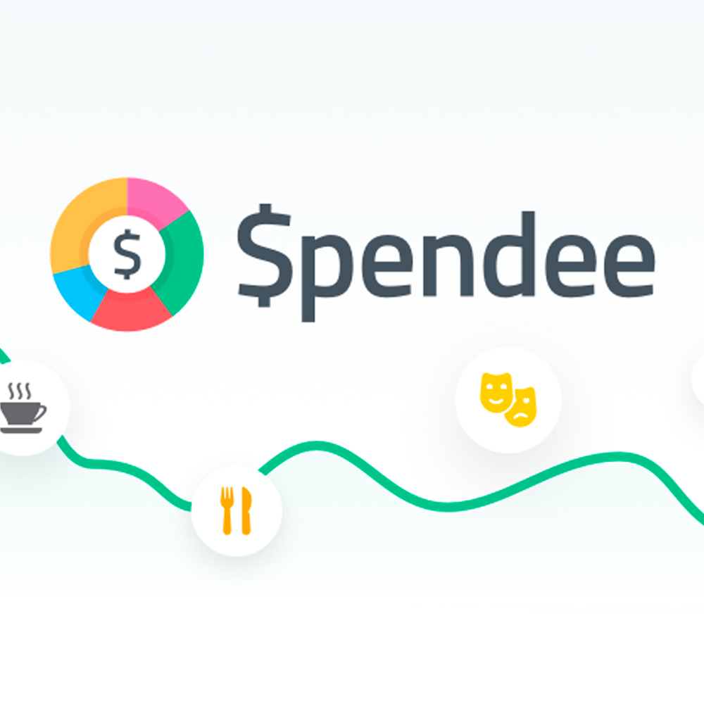 A colorful pie chart logo with a dollar sign and the word "Spendee" next to it. Below, icons of a coffee cup, fork and knife, and theater masks appear above a green line graph.