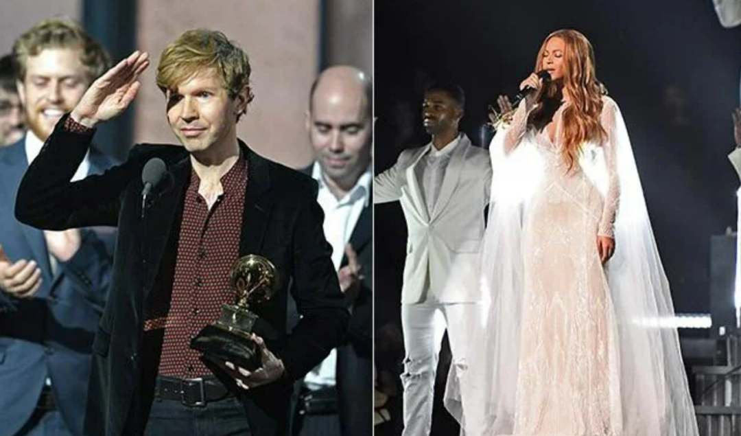 Split image: On the left, a man in a dark jacket holds a Grammy trophy and salutes at a podium, with people applauding behind him. On the right, a woman in a white gown sings onstage, flanked by backup performers in white.