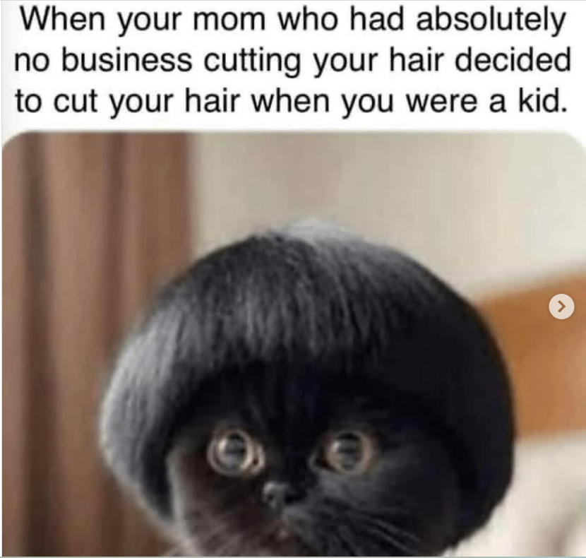 A black kitten with wide eyes and a bowl-shaped haircut. Text above reads: "When your mom who had absolutely no business cutting your hair decided to cut your hair when you were a kid.
