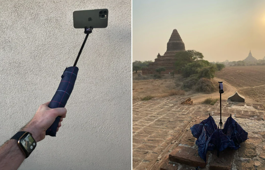 A split image: Left, a hand holds an umbrella with a phone attached to its handle as a makeshift selfie stick. Right, the same umbrella props up the phone outdoors near ancient temples at sunset.