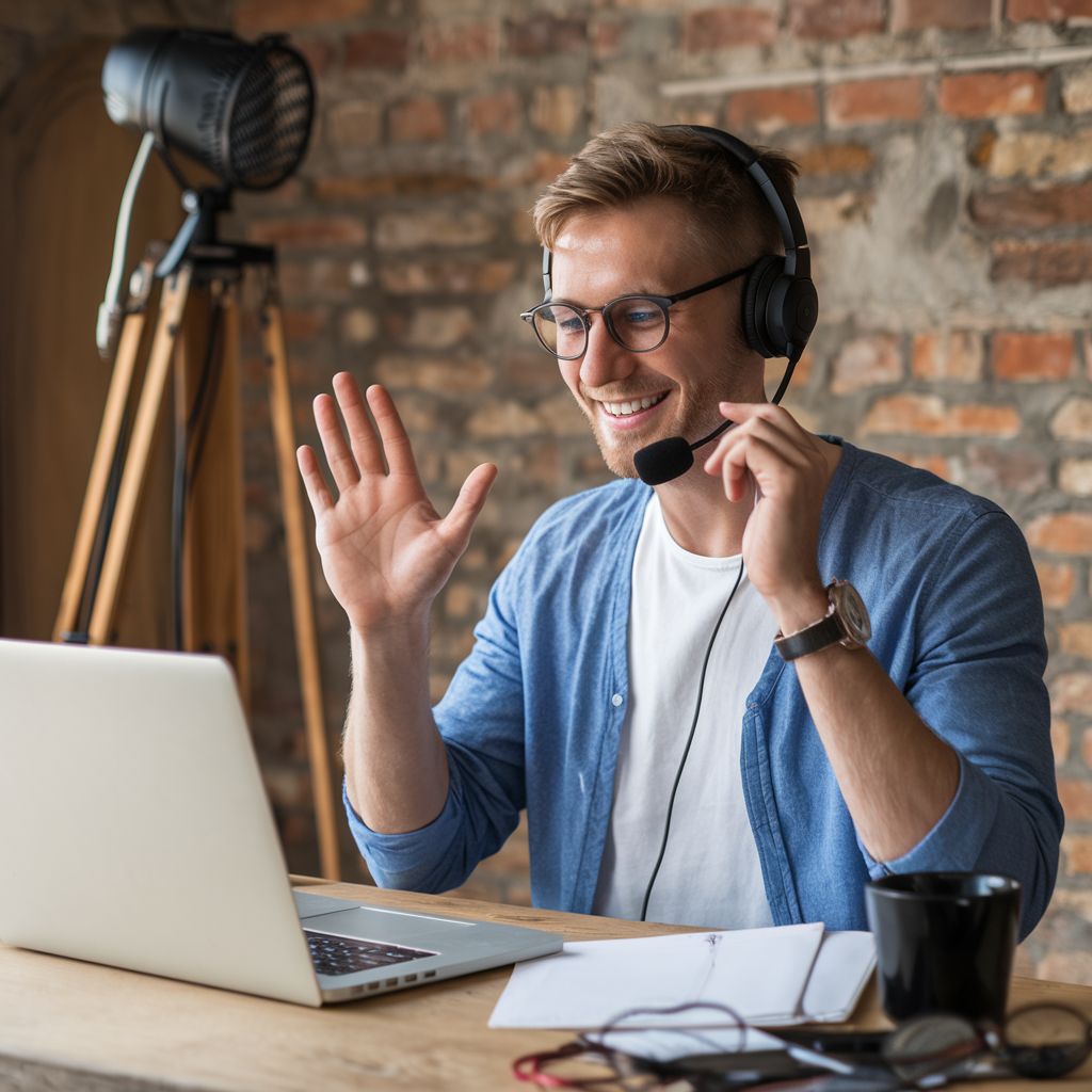 Smiling man wearing glasses and a headset waves while video chatting on a laptop at a desk with a notebook, pen, and coffee mug, in a cozy room with brick walls and a large lamp in the background.