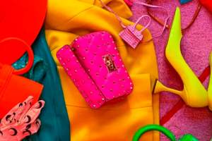 A vibrant flat lay of colorful fashion accessories, including a pink studded handbag, neon green high heels, orange gloves, a yellow coat, a red hat, and other bright items on a pink background.