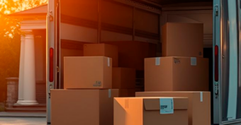A moving truck with its back doors open is parked outside, filled with several cardboard boxes in various sizes, with sunlight shining onto the scene.