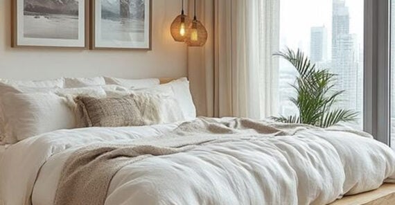 A cozy bedroom with a large bed covered in white bedding and beige pillows, two hanging pendant lights, framed art on the wall, a potted plant, and large windows with city views and sheer curtains.