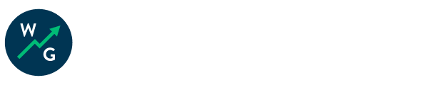 Logo with a dark blue circle featuring "W G" and a green upward arrow, next to the word "WEALTHGANG" in large, light gray text on a white background.