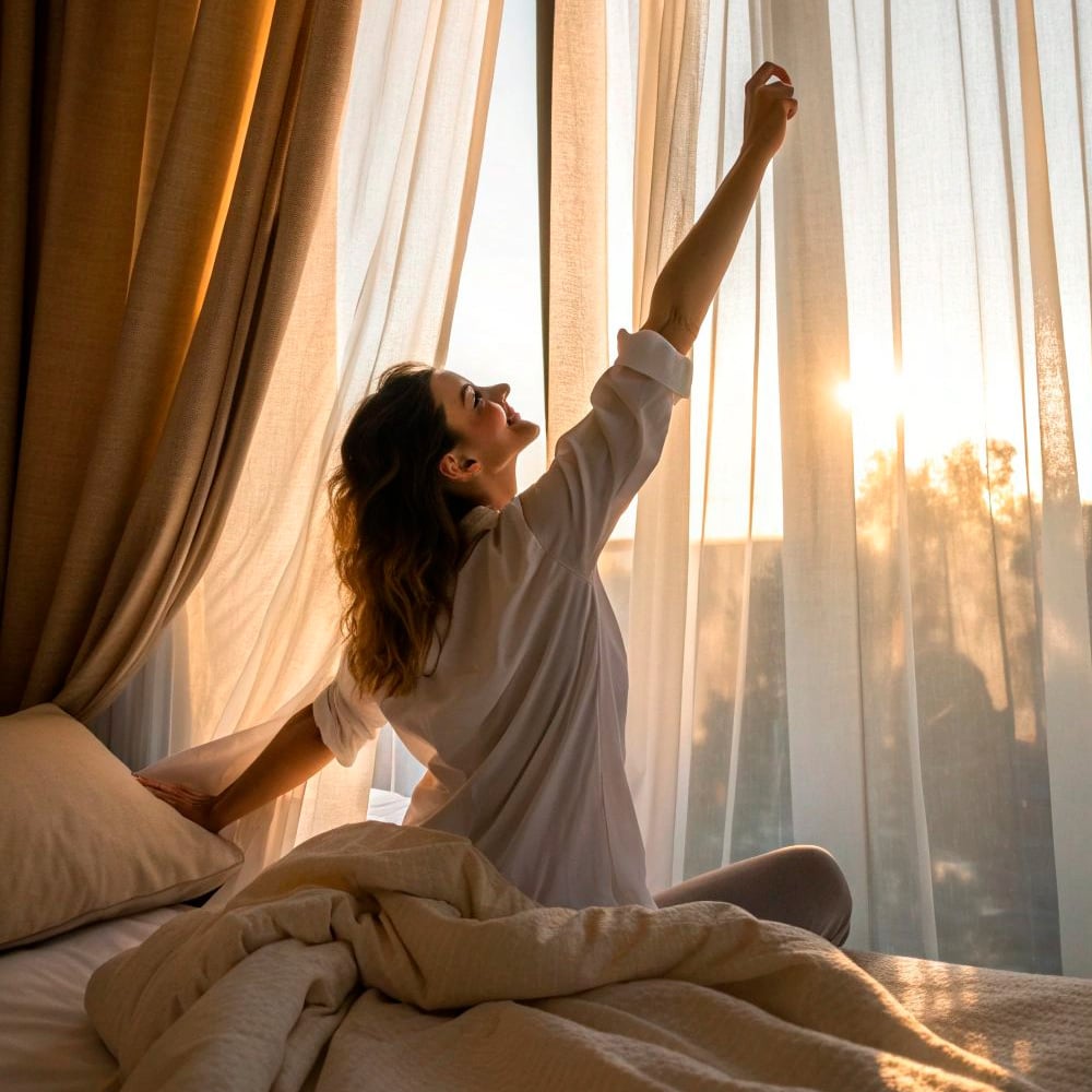 A woman sits on her bed, smiling as she opens sheer curtains to let in the morning sunlight. Warm light fills the cozy bedroom, creating a peaceful and uplifting atmosphere.