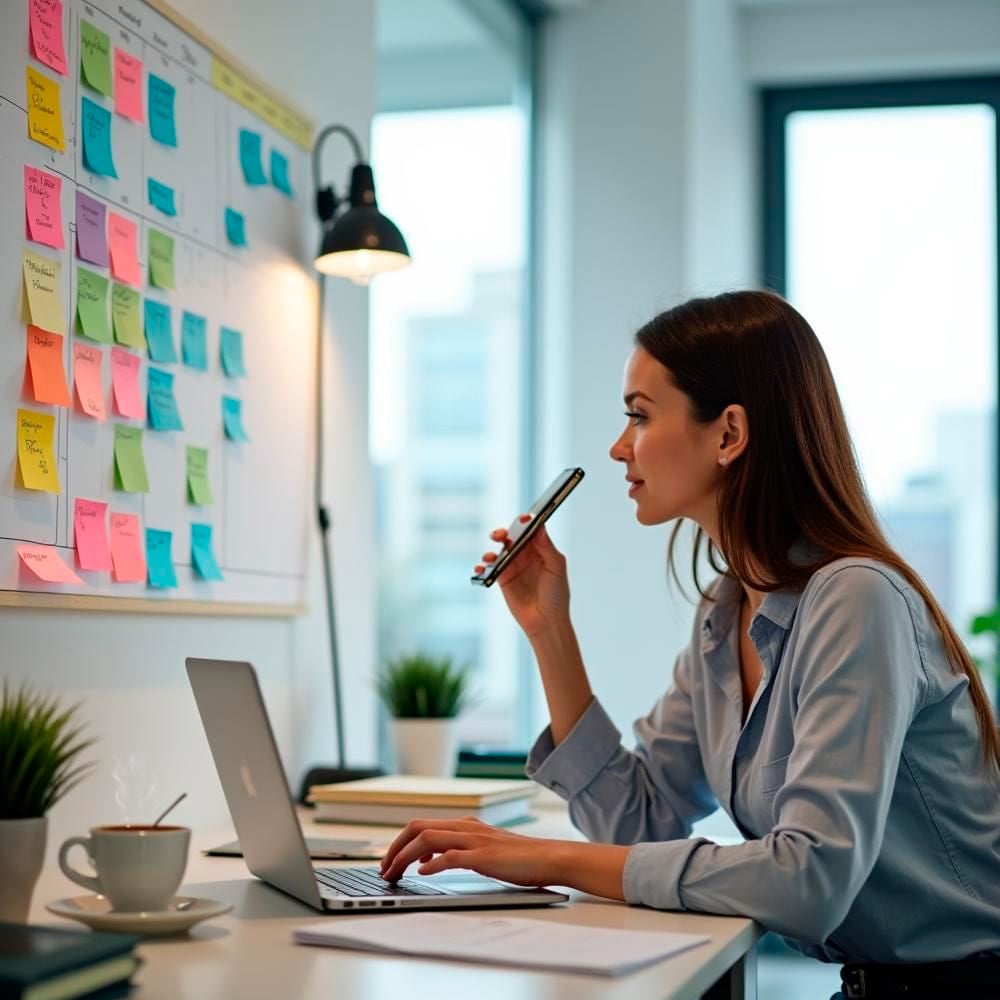 A woman sits at a desk with a laptop, holding a pen and looking at a wall covered in colorful sticky notes, appearing focused and thoughtful in a modern office setting.