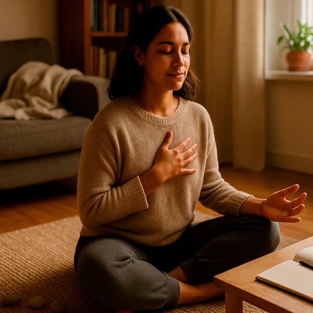 A woman sits cross-legged on a rug in a cozy living room, eyes closed, with one hand on her chest and the other resting on her knee, appearing calm and meditative. A couch and bookshelves are in the background.