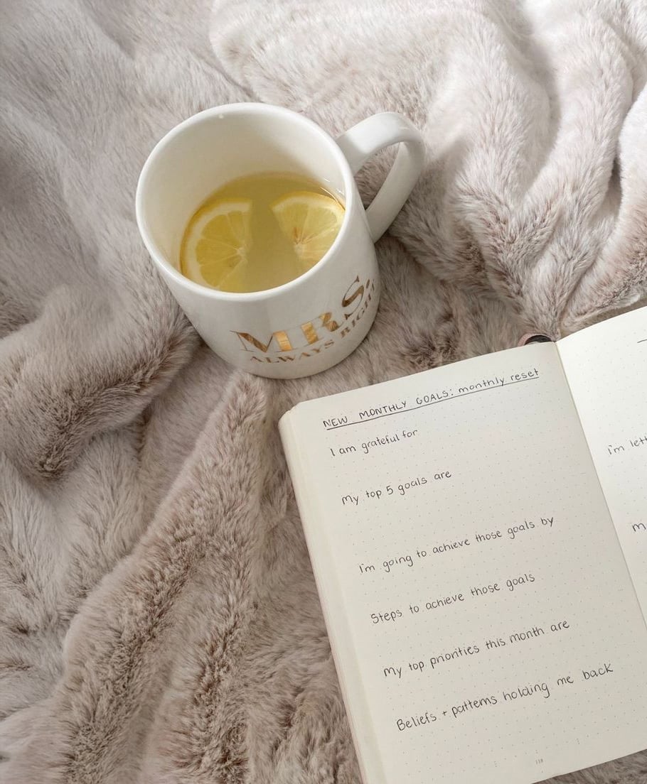 A white mug with lemon slices in a hot drink sits on a soft beige blanket next to an open journal with handwritten prompts for monthly goals and reflections.