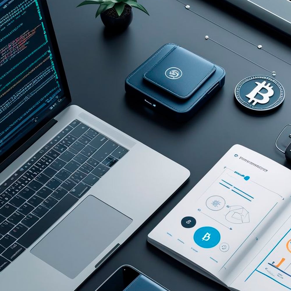 A sleek workspace with a laptop displaying code, a digital wallet, a Bitcoin coin, and a tech-themed notebook with blockchain diagrams, all on a dark desk with a small potted plant.