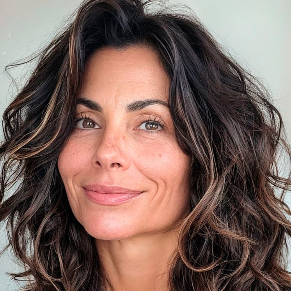 A woman with wavy, shoulder-length brown hair and subtle highlights smiles gently. She has medium skin, brown eyes, and is photographed against a plain light background.
