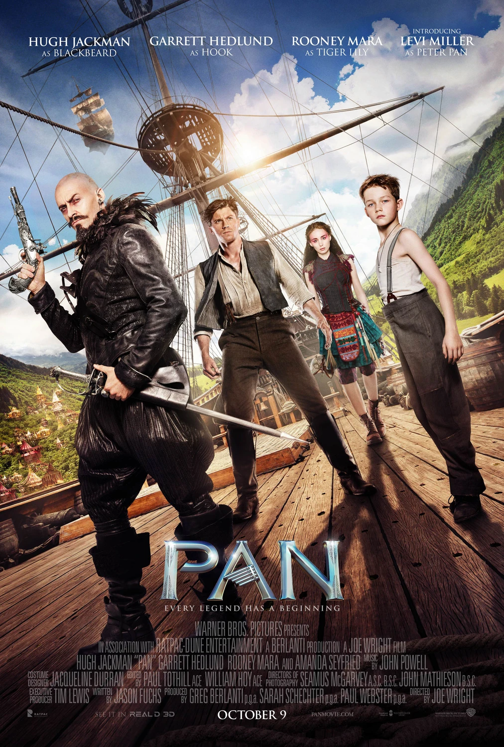 Four characters stand on the deck of a ship with mountains and sky in the background. The title "PAN" appears below them, along with actors' names and the release date, October 9.
