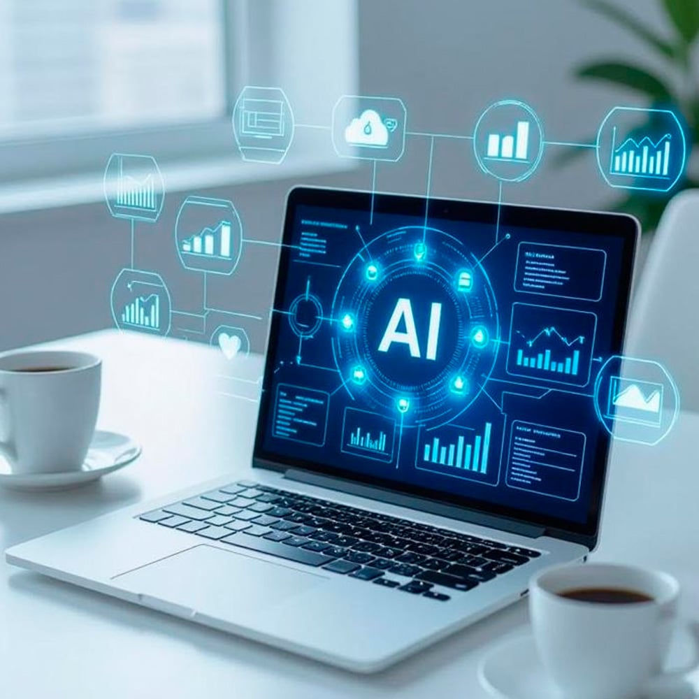A laptop on a desk displays a glowing "AI" graphic surrounded by digital charts and icons, with two cups of coffee nearby, suggesting a technology-focused workspace.