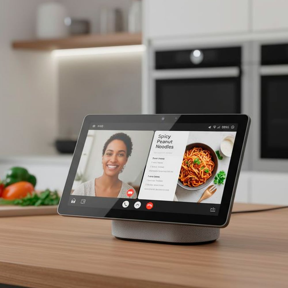 A smart display on a kitchen counter shows a video call with a smiling woman and a recipe for spicy peanut noodles. Fresh vegetables and kitchen appliances are visible in the background.