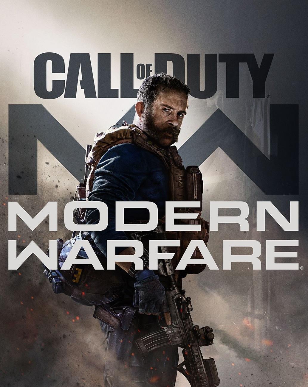 A rugged soldier holding a rifle stands in front of the large "MW" logo with the text "Call of Duty: Modern Warfare" overlaid in bold letters, against a smoky, battle-themed background.