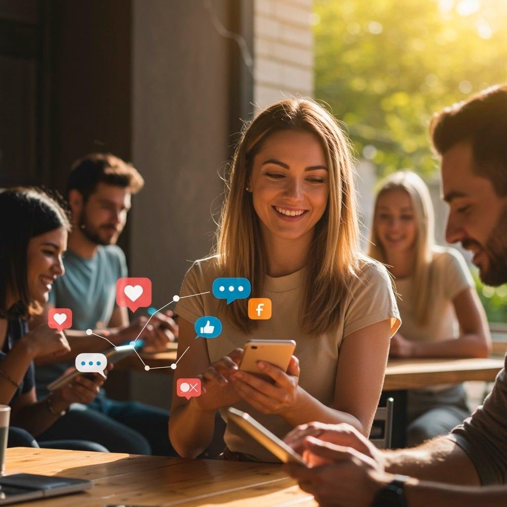 A group of young adults sit together at a table in a sunny cafe, smiling and using their smartphones. Colorful social media icons and notifications are digitally illustrated near their phones, symbolizing online interaction.