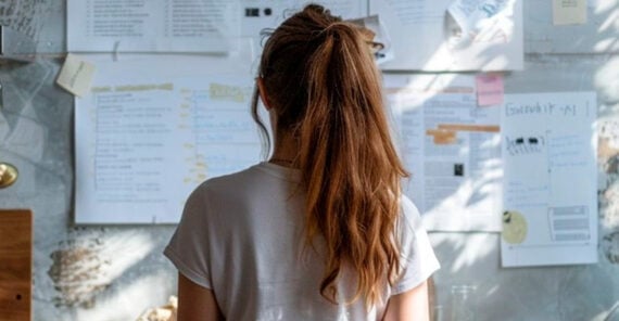 A person with long brown hair in a ponytail stands facing a wall covered with papers and notes, appearing to study or analyze the information posted there.