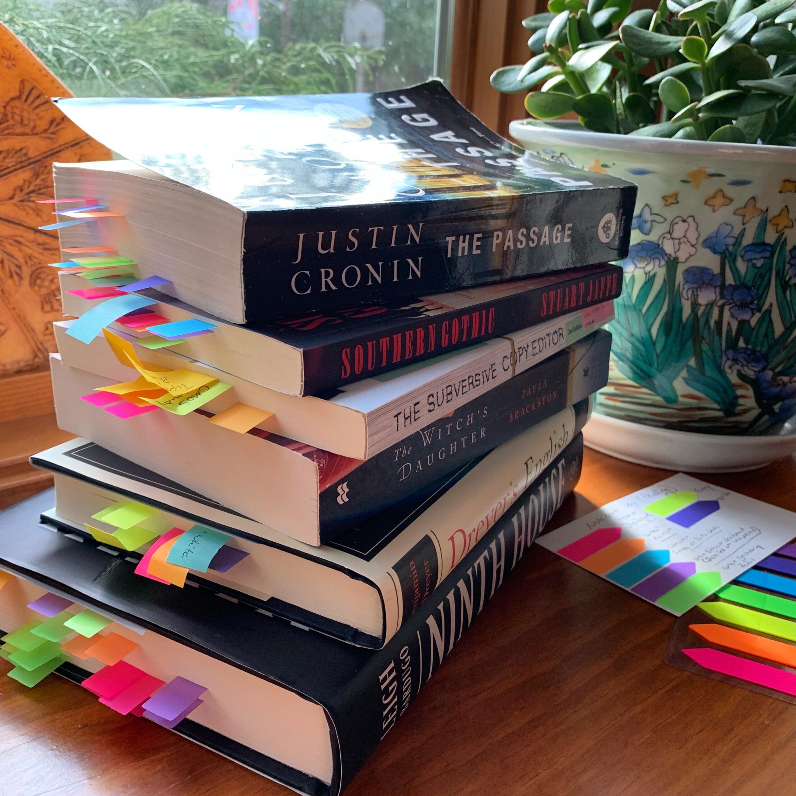 A stack of six books with colorful sticky tabs marking pages sits by a window. Nearby are more sticky tabs and a potted plant with painted blue flowers on the pot. Sunlight shines through the window.