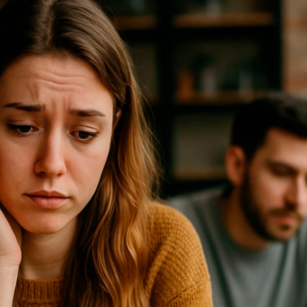 A young woman with a worried expression looks down, resting her head on her hand, while a man sits in the background, both appearing upset in a dimly lit room.